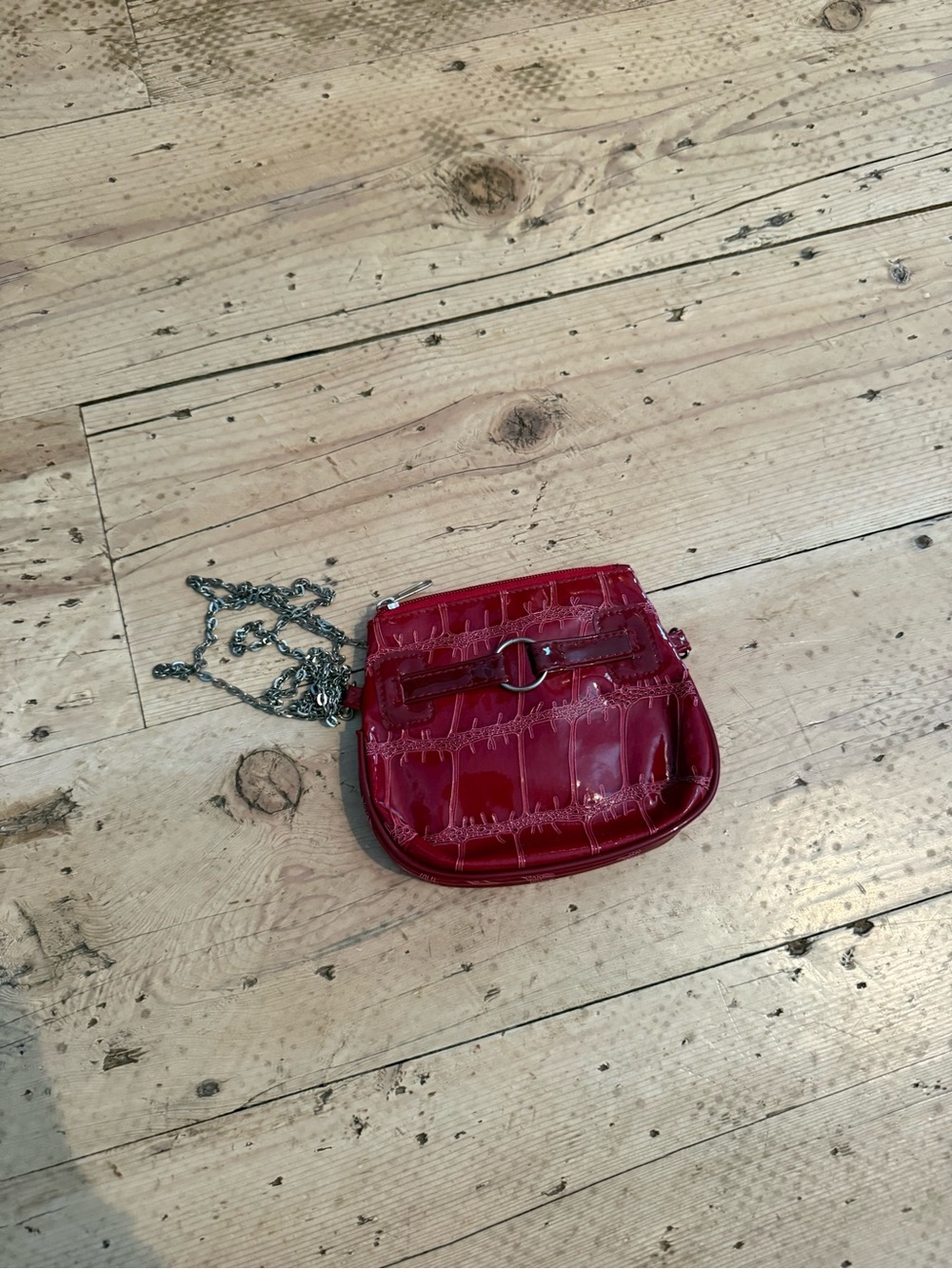 Patent Red Croc-Embossed Crossbody with Chain Strap